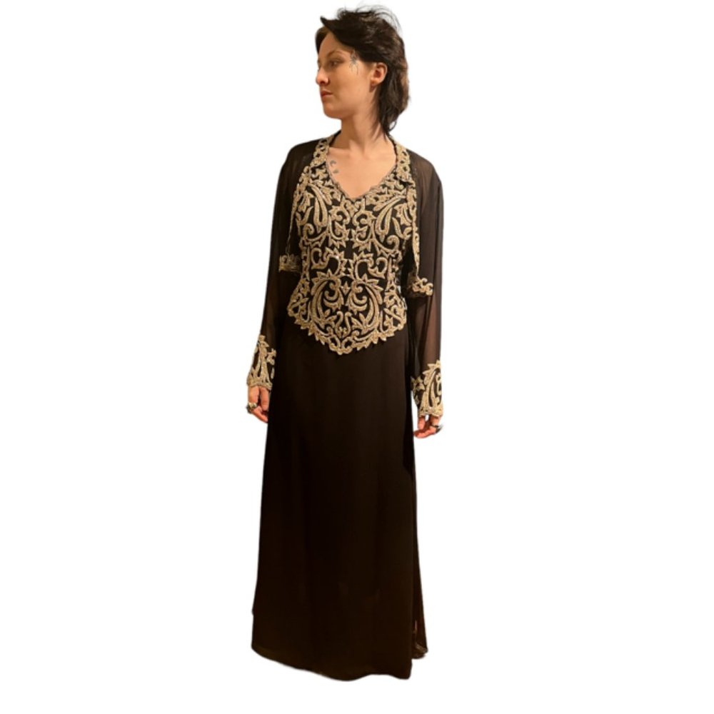 Black Two-Piece Gold-Beaded Special Occasion Floor Length Gown, Size 14